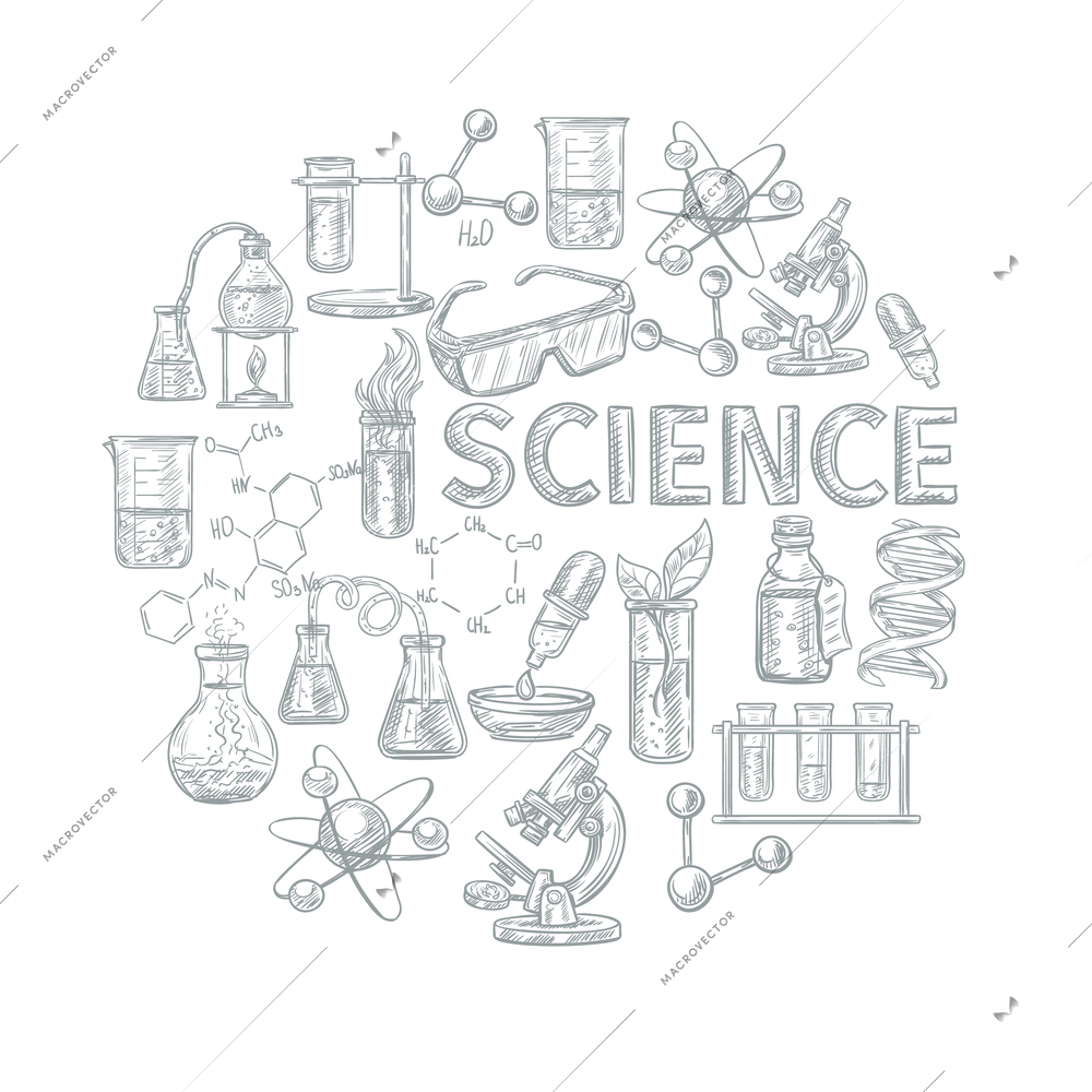 Chemistry sketch concept with school learning and science symbols vector illustration