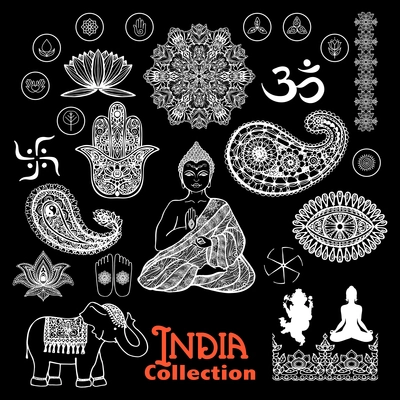 India design elements chalkboard  set  with woman in lotus position elephant  paisley and ornament  vector illustration