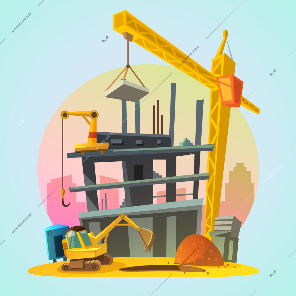 House construction process with cartoon building machinery retro style vector illustration