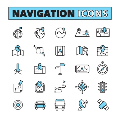 Map navigation for finding location symbols on your phone tablet outlined pictograms set abstract isolated vector illustration