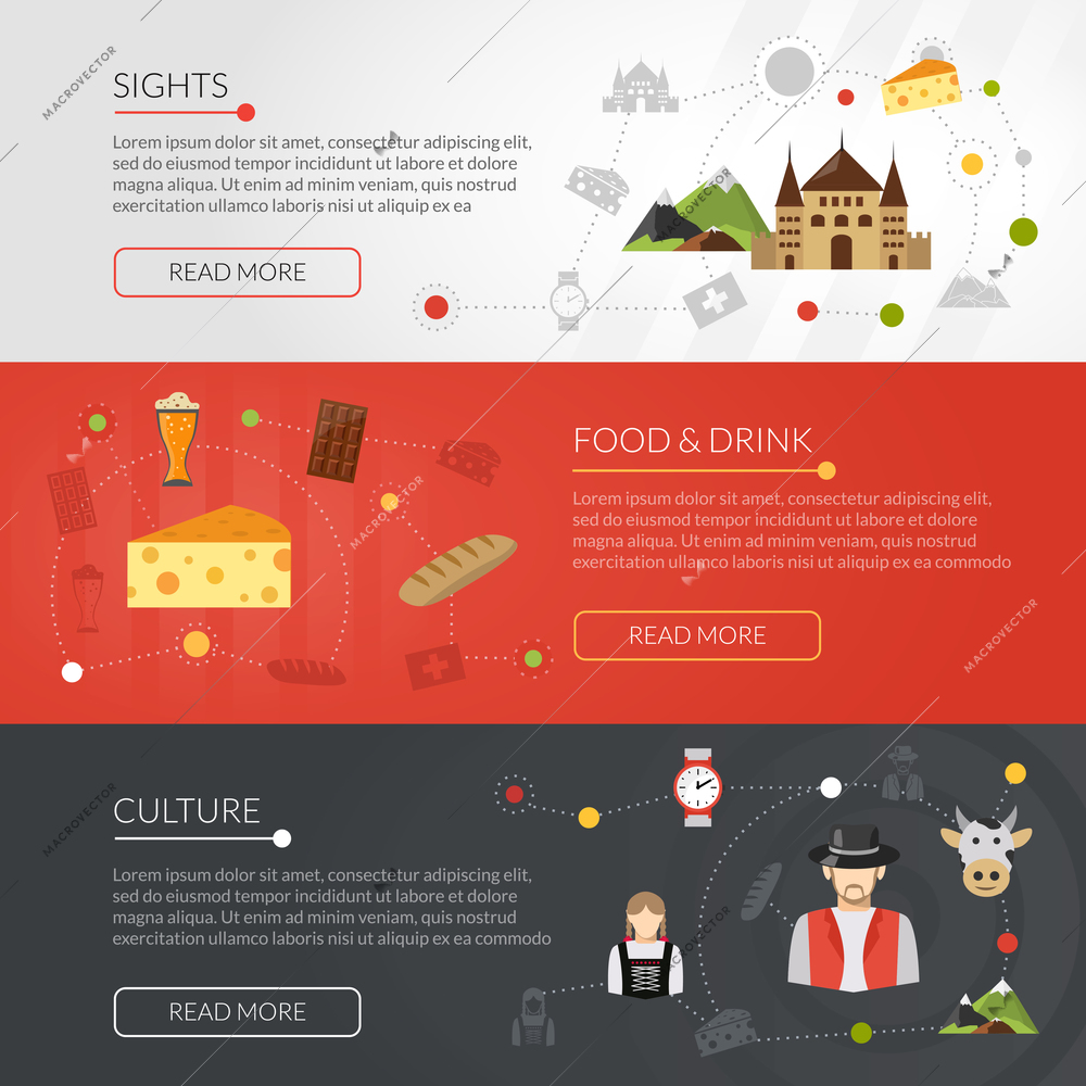 Switzerland horizontal banner set with sights and culture elements flat isolated vector illustration