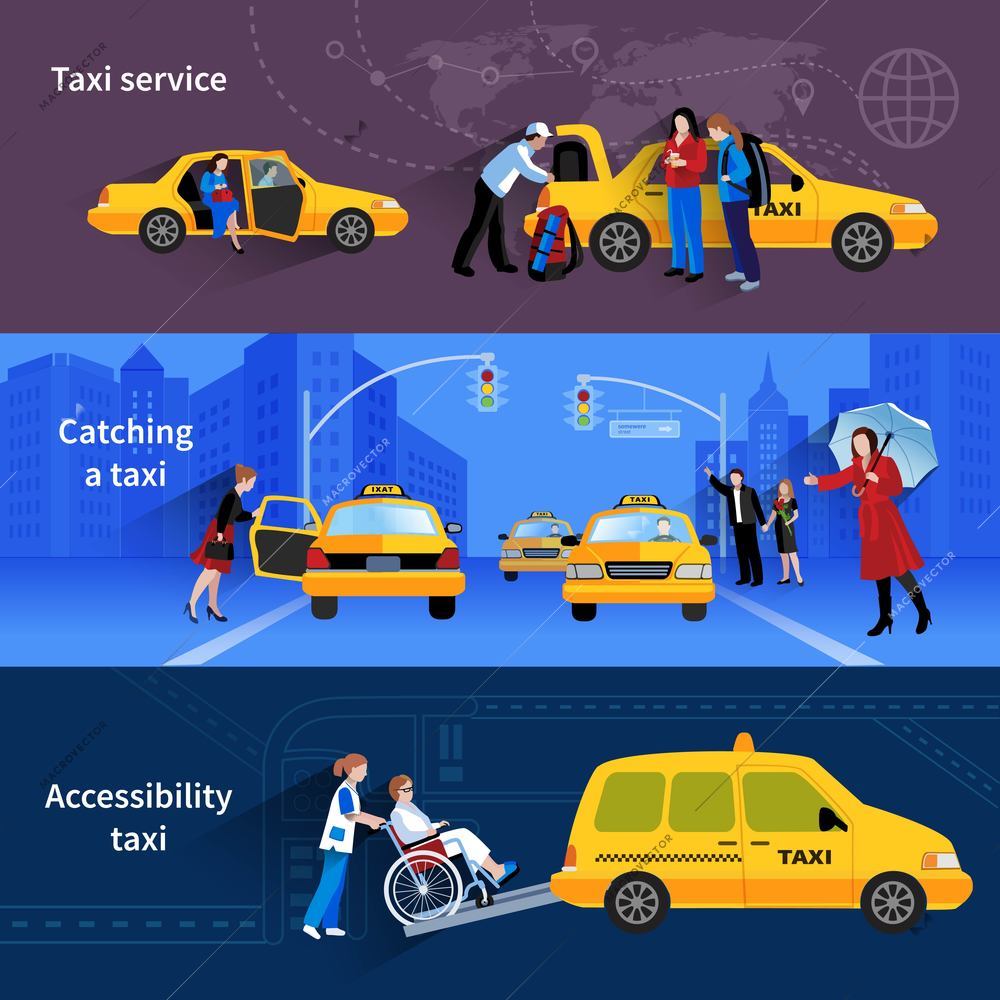 Banners with scenes of taxi service catching taxi and accessibility taxi flat vector illustration