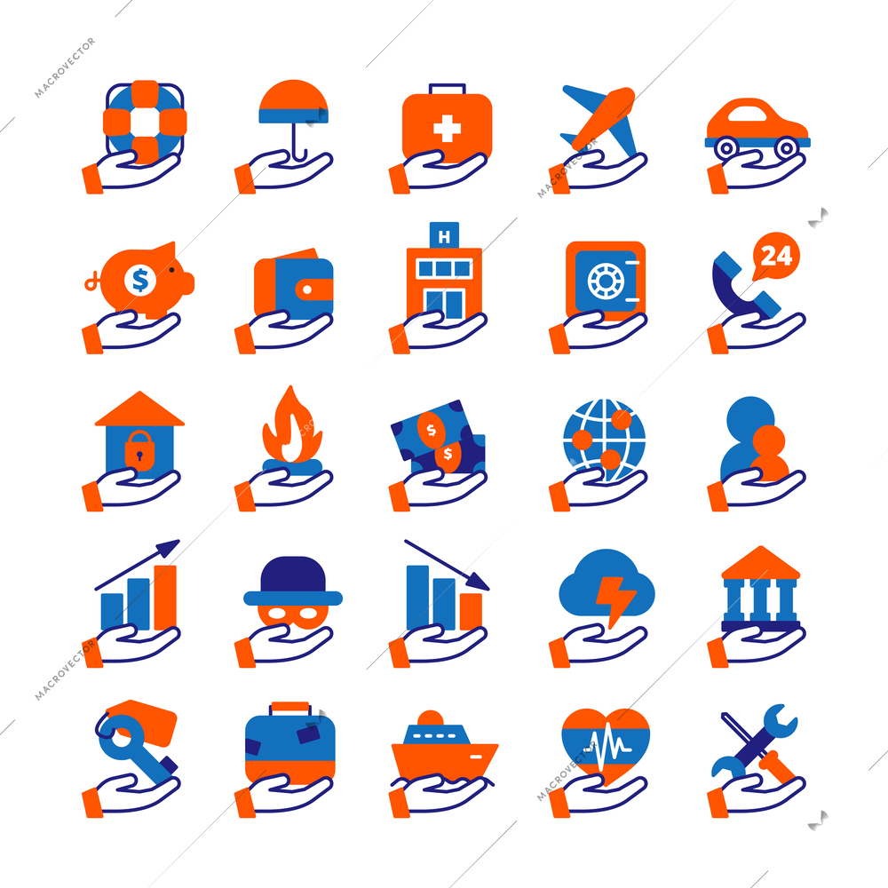 Insurance service icons set with house health and travel insurance flat isolated vector illustration