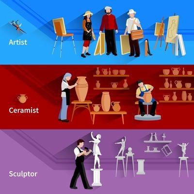 Horizontal banners set of scenes with artist ceramist and sculptor at work flat vector illustration