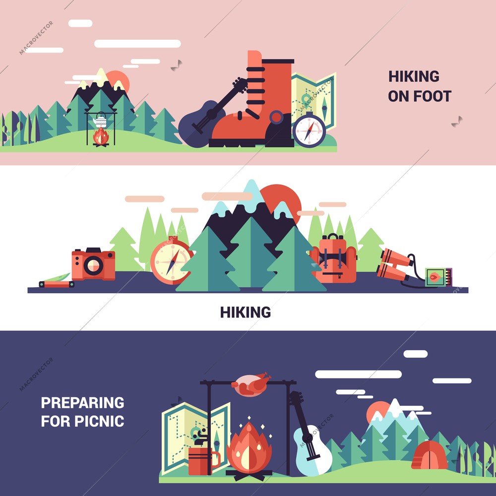 Hiking and picnic horizontal banners with tourist equipment and preparing for picnic design compositions flat vector illustration