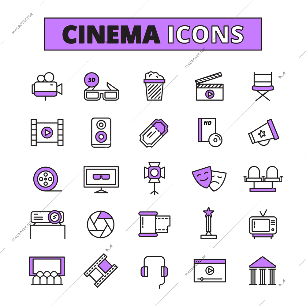 Movie theater cinema retro tickets and television 3d effects polarized glasses outlined icons collection  isolated vector illustration