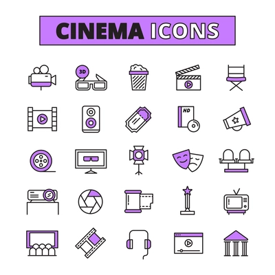 Movie theater cinema retro tickets and television 3d effects polarized glasses outlined icons collection  isolated vector illustration