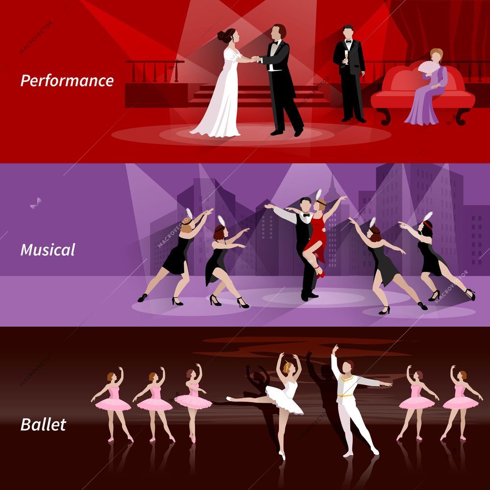 Horizontal banners set of theater people in ballet musical and performance flat vector illustration