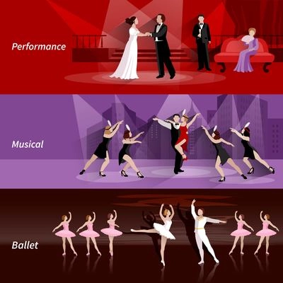 Horizontal banners set of theater people in ballet musical and performance flat vector illustration