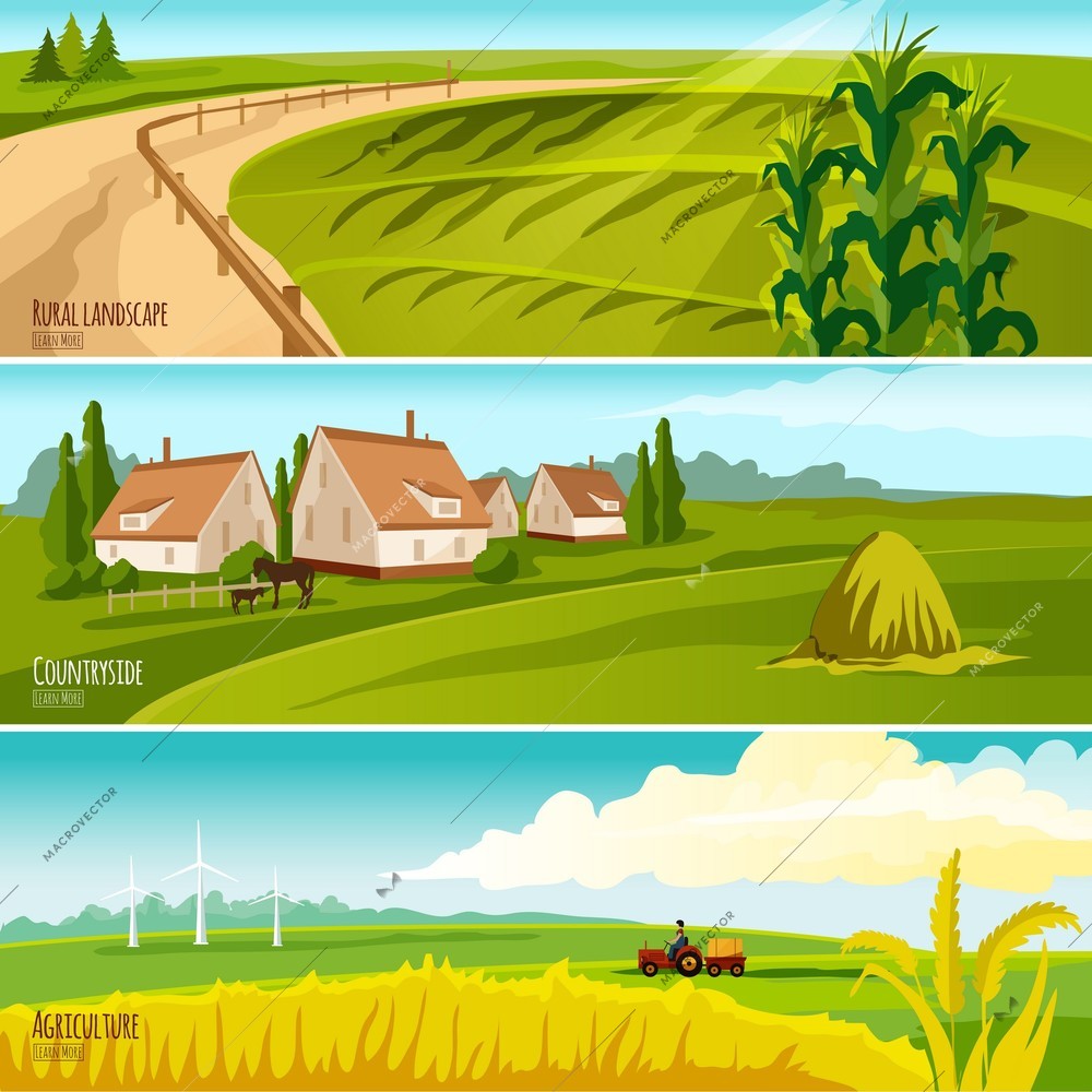 Countryside cropland under cultivation and farmhouses with haystack 3 horizontal flat banners set abstract isolated vector illustration