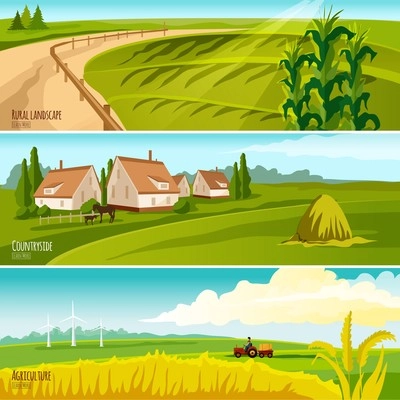 Countryside cropland under cultivation and farmhouses with haystack 3 horizontal flat banners set abstract isolated vector illustration