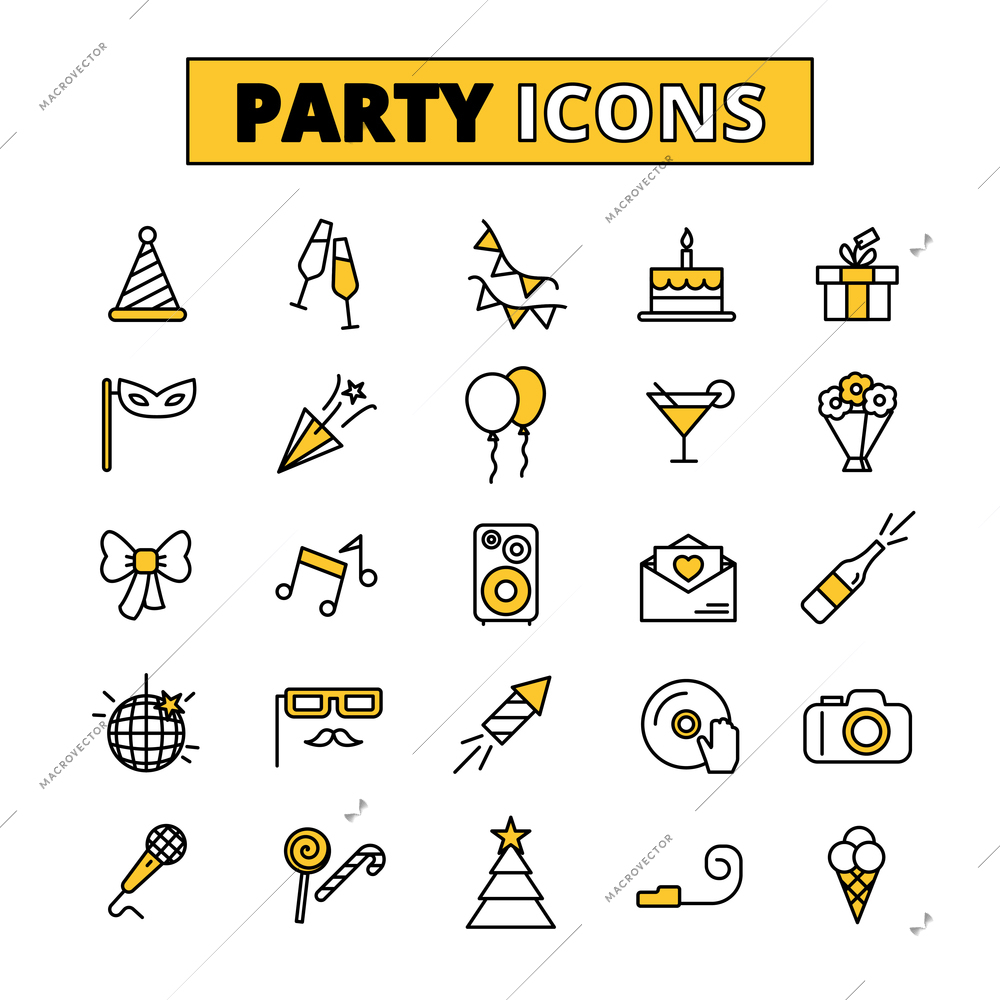 Friday evening wedding party outlined icons collection with invitation cake and music symbols abstract isolated vector illustration