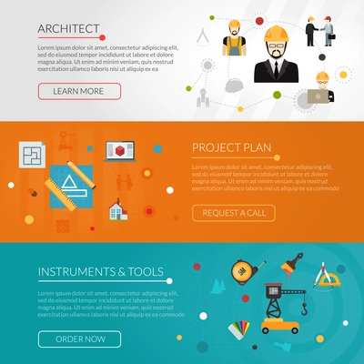 Architect horizontal banner set with project plan flat elements isolated vector illustration