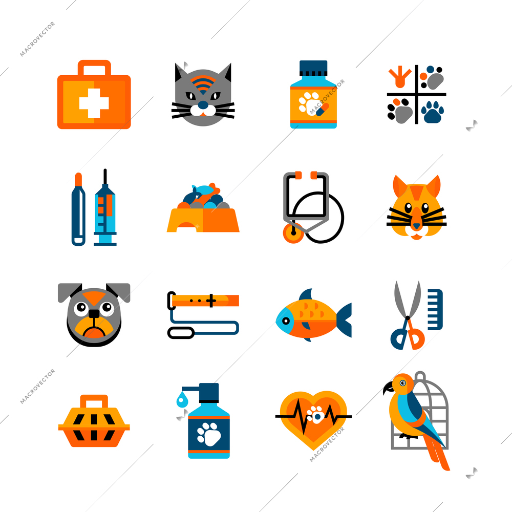 Veterinary icons set in cartoon style with pets and elements of medical and hygiene care isolated vector illustration