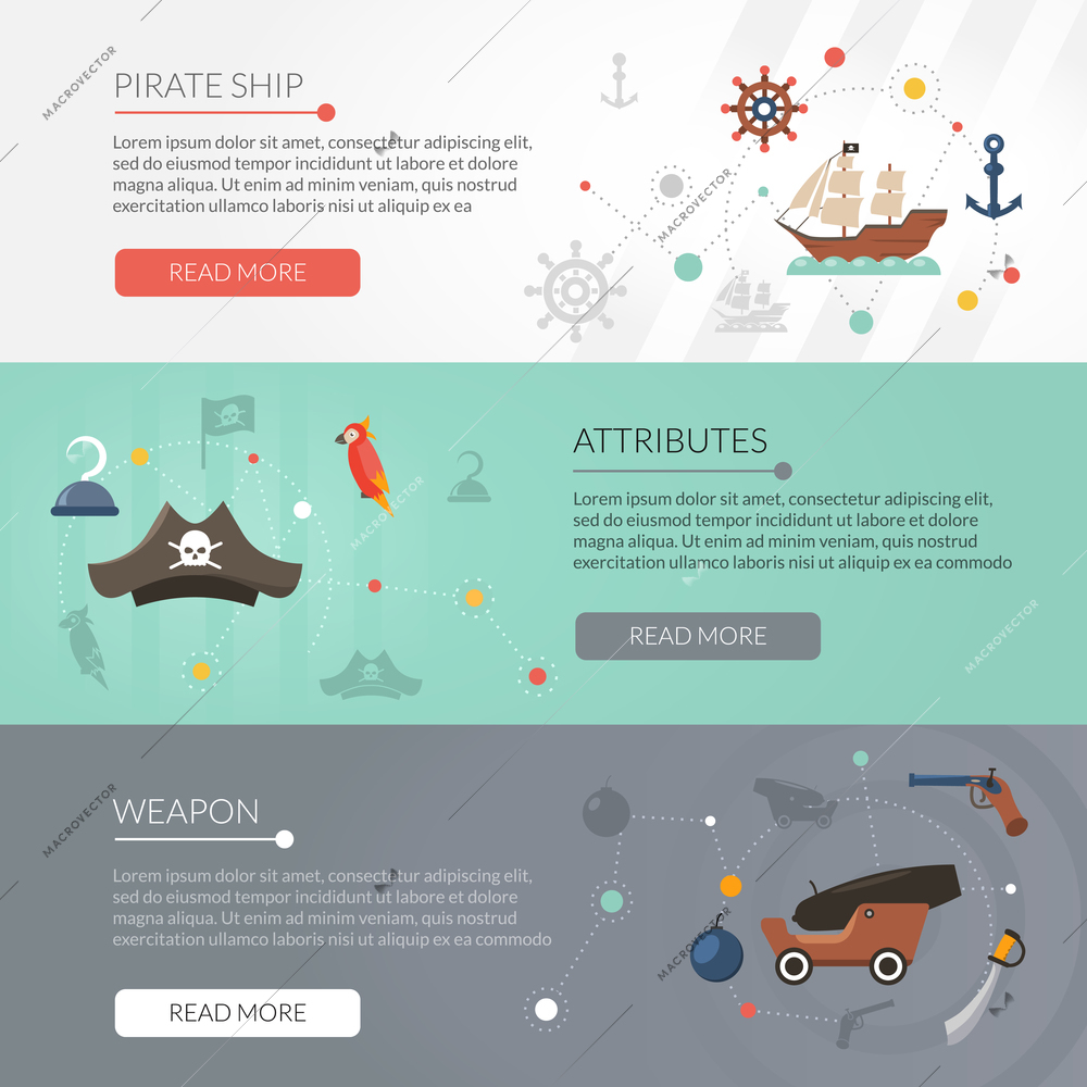 Pirate banner horizontal set with weapon and ship attributes flat elements isolated vector illustration