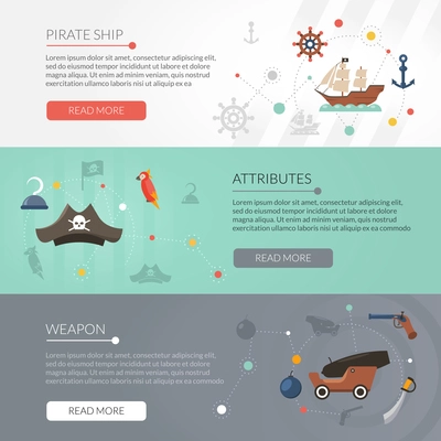 Pirate banner horizontal set with weapon and ship attributes flat elements isolated vector illustration