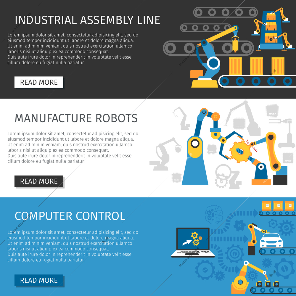Computer controlled robots of industrial assembly line interactive  webpage 3 flat horizontal banners set abstract isolated vector illustration
