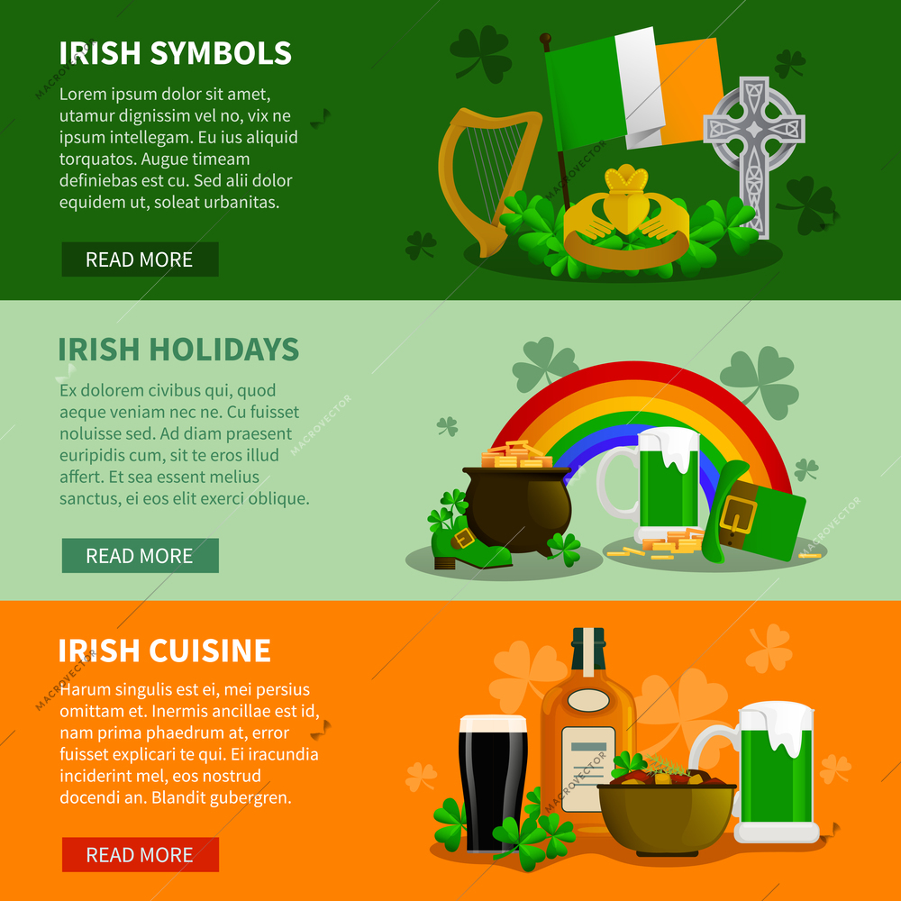 Ireland flat horizontal banners with simbols of saint patrick festival and elements of irish cuisine vector illustration