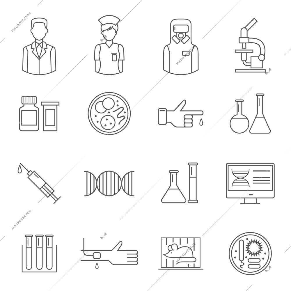 Microbiology thin line symbol depicting people laboratory equipment, genetic elements syringe and assay isolated vector illustration