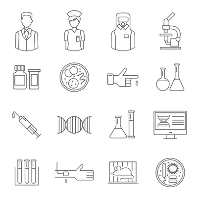 Microbiology thin line symbol depicting people laboratory equipment, genetic elements syringe and assay isolated vector illustration