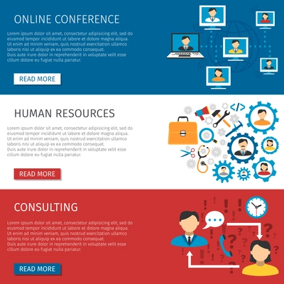 Human resources teams online conferences and consulting website 3 flat interactive banners design abstract isolated vector illustration