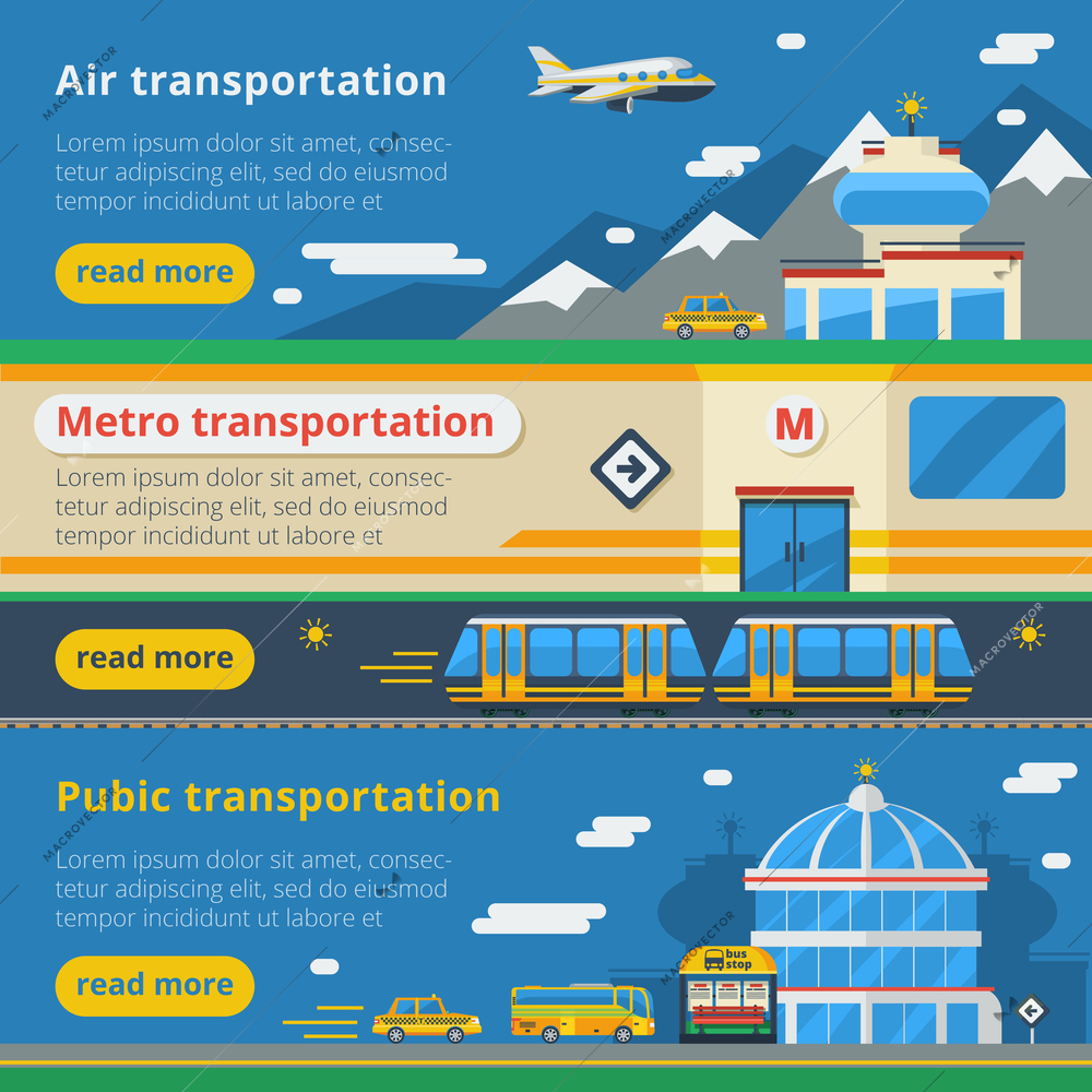 Passenger transportation horizontal banners set of air metro and public transport compositions flat vector illustration