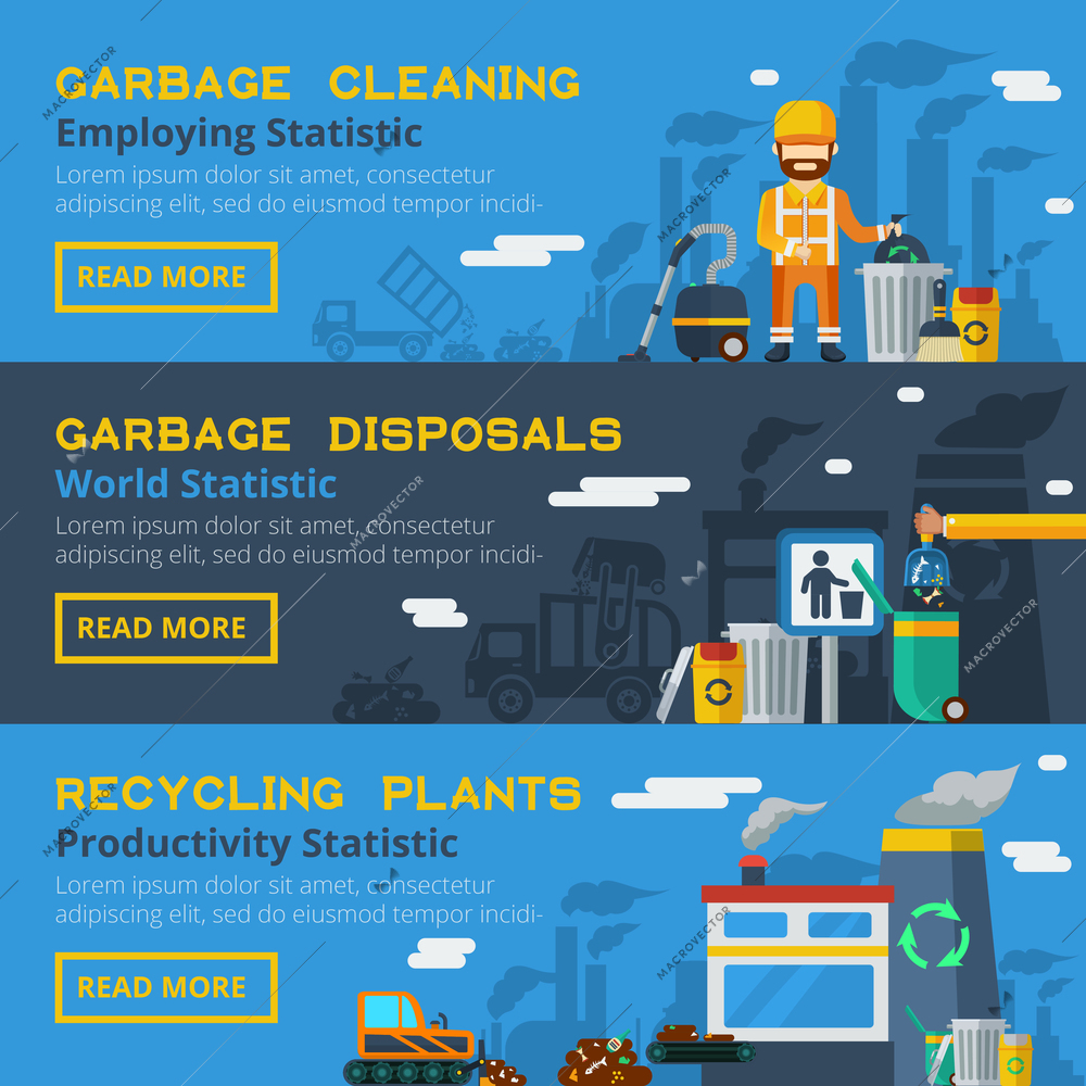 Garbage recycling flat horizontal banners set of employees icons and productivity of processing plants statistics vector illustration