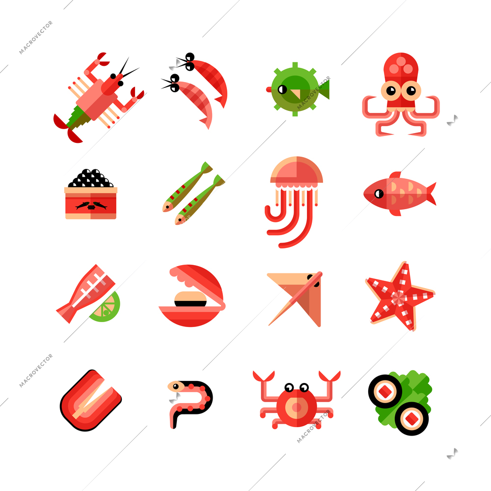 Seafood flat color icon set with octopus shrimp sushi starfish and bank of caviar in cartoon style isolated vector illustration