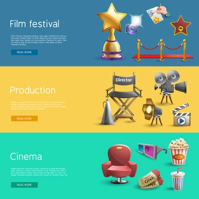 Cinema banner horizontal set with film production elements isolated vector illustration