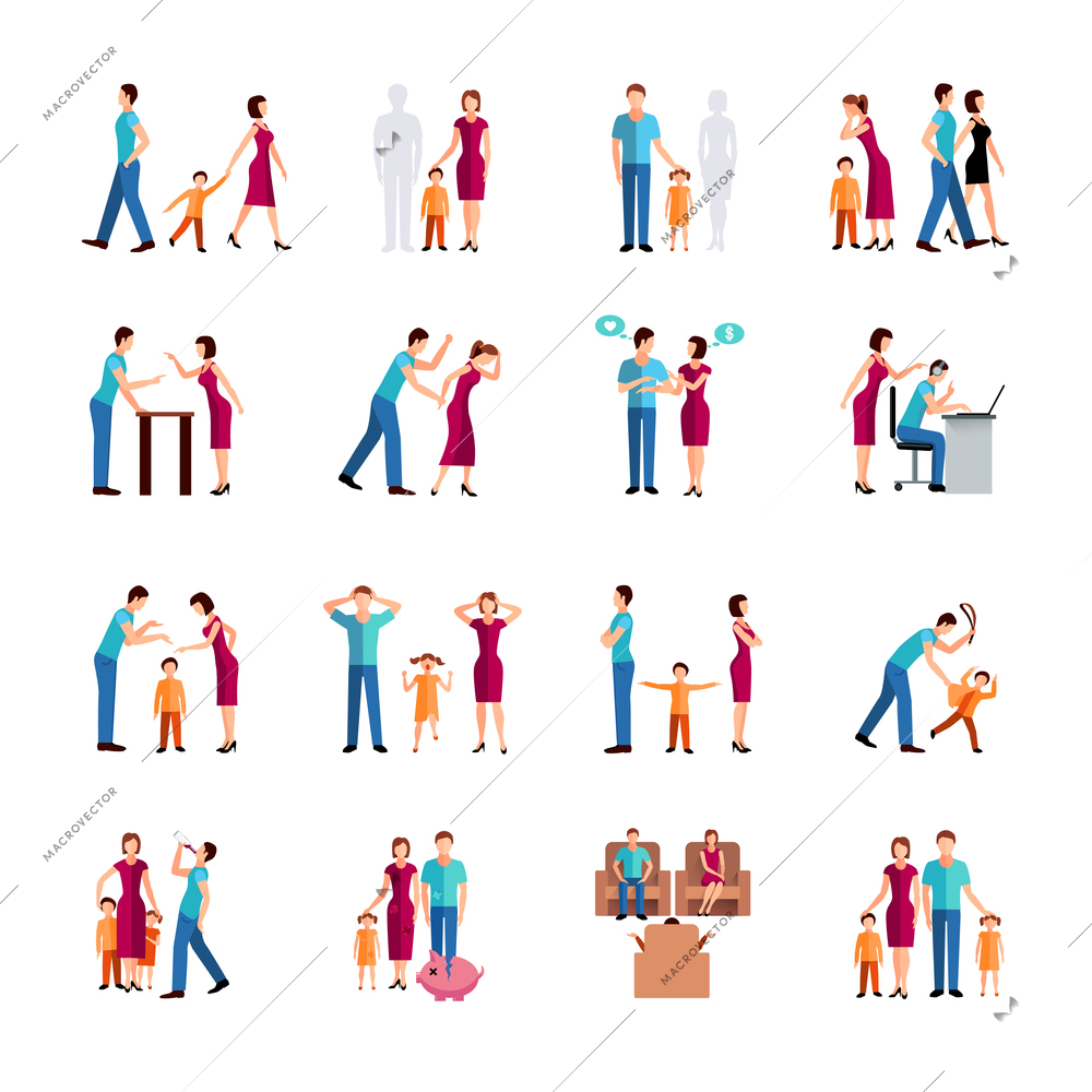 Flat color icons set depicting family problems of parents and children isolated vector illustration