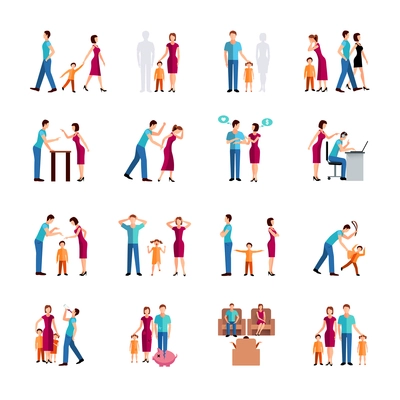 Flat color icons set depicting family problems of parents and children isolated vector illustration