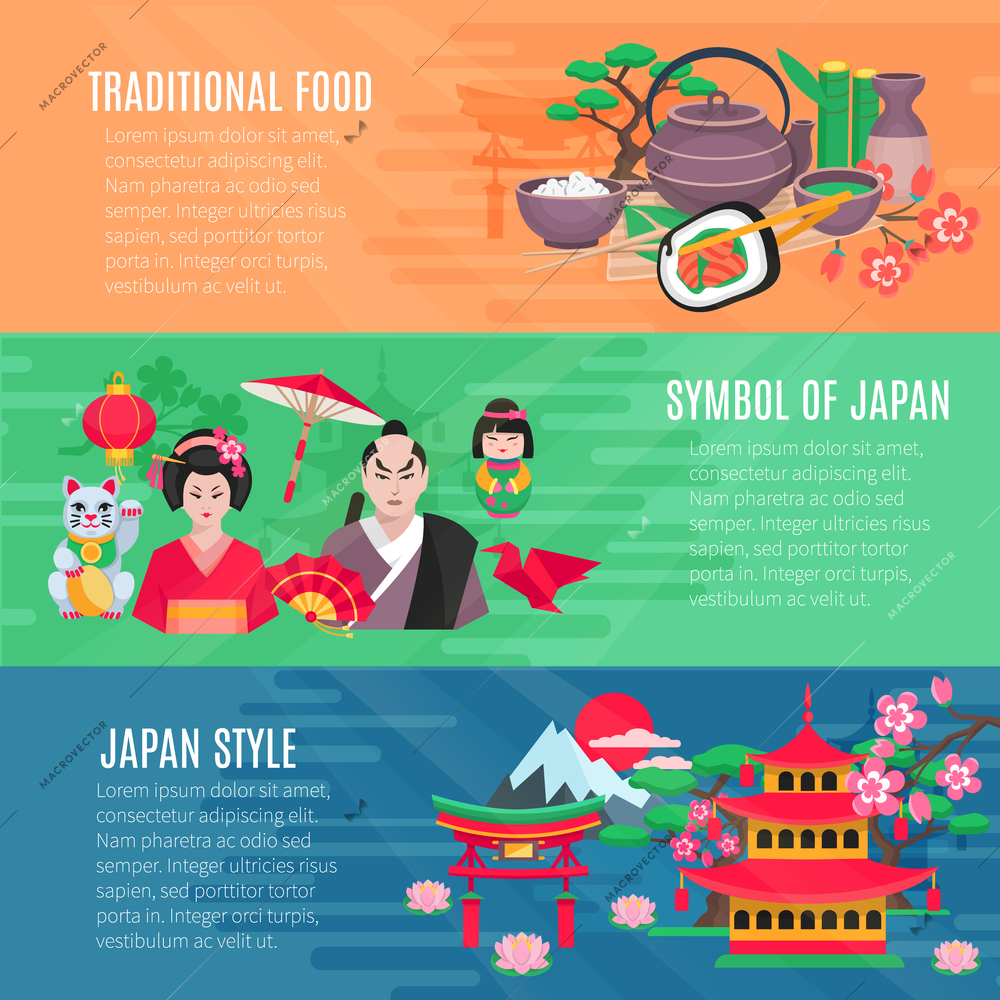 Japanese national symbols traditional food and lifestyle information 3 flat horizontal banners set abstract isolated vector illustration