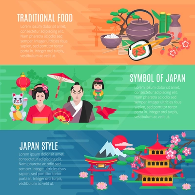 Japanese national symbols traditional food and lifestyle information 3 flat horizontal banners set abstract isolated vector illustration