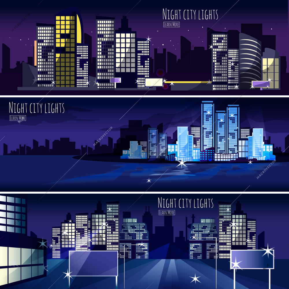 Night city lights nightscape 3 interactive horizontal banners set for  computer wallpaper or webpage abstract isolated vector illustration