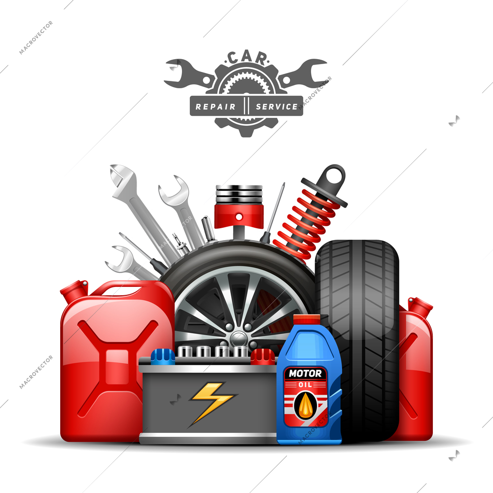 Car service center colorful advertisement composition poster with wheels tires oil and gas canister flat abstract vector illustration