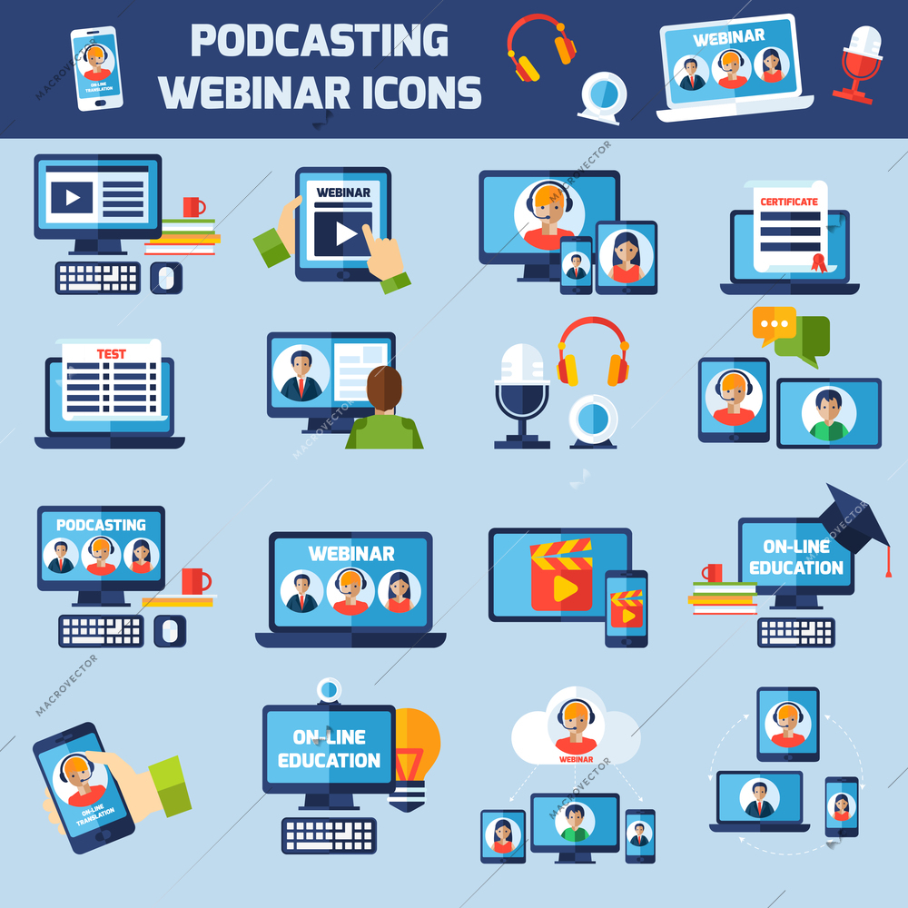 Podcasting and online webinar education flat icons set isolated vector illustration