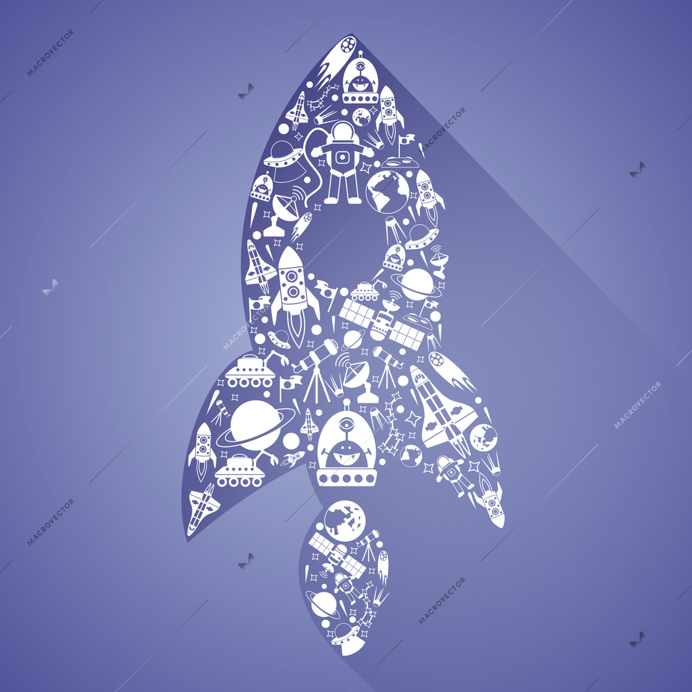 Space rocket spacecraft made of white cosmos science technology icons set vector illustration