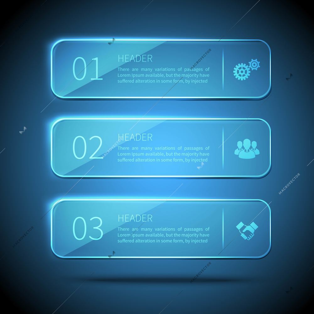 Web elements 3 horizontal glass plates for infographic on blue background vector illustration