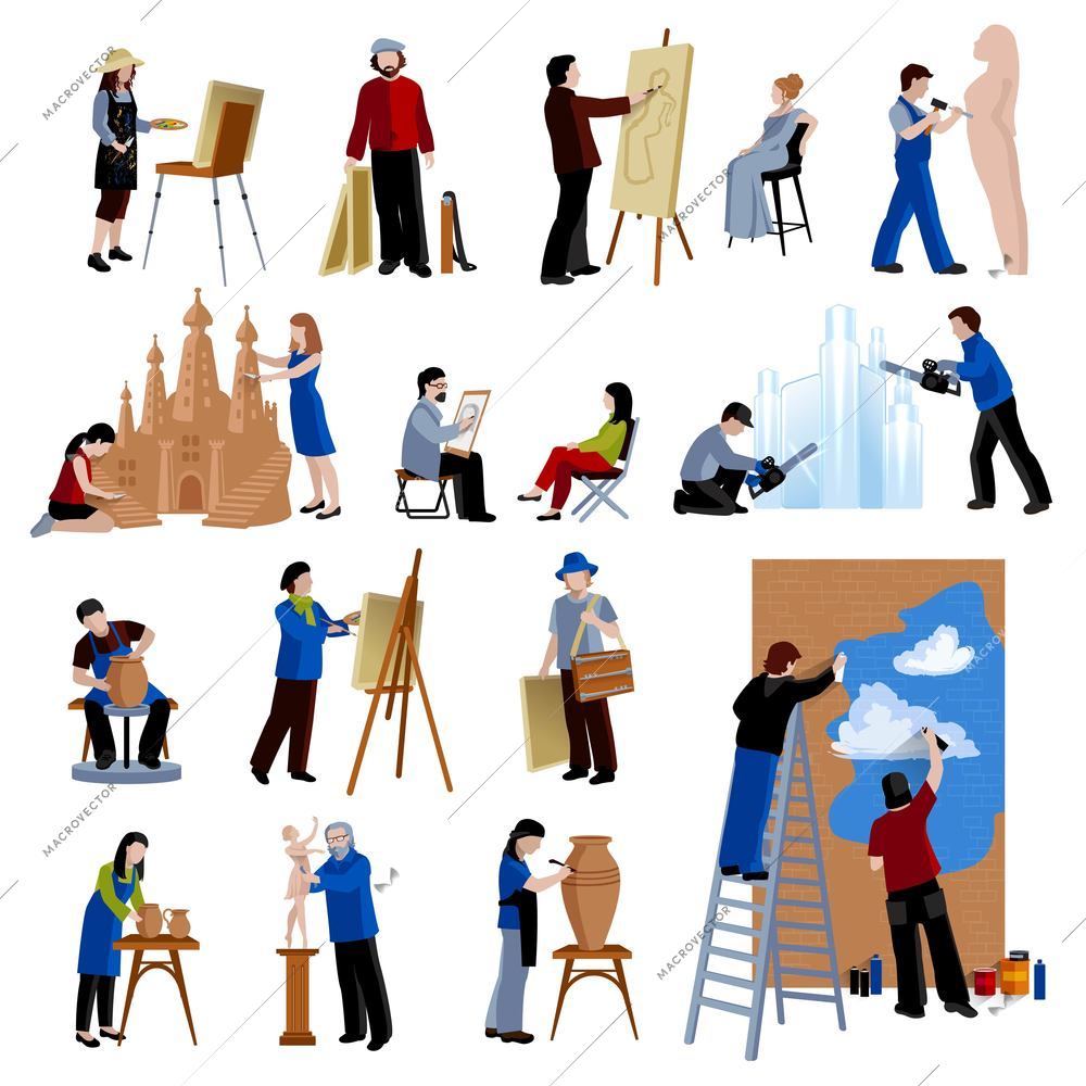 Flat icons set of creative profession people like artist painter sculptor ceramist street art isolated vector illustration