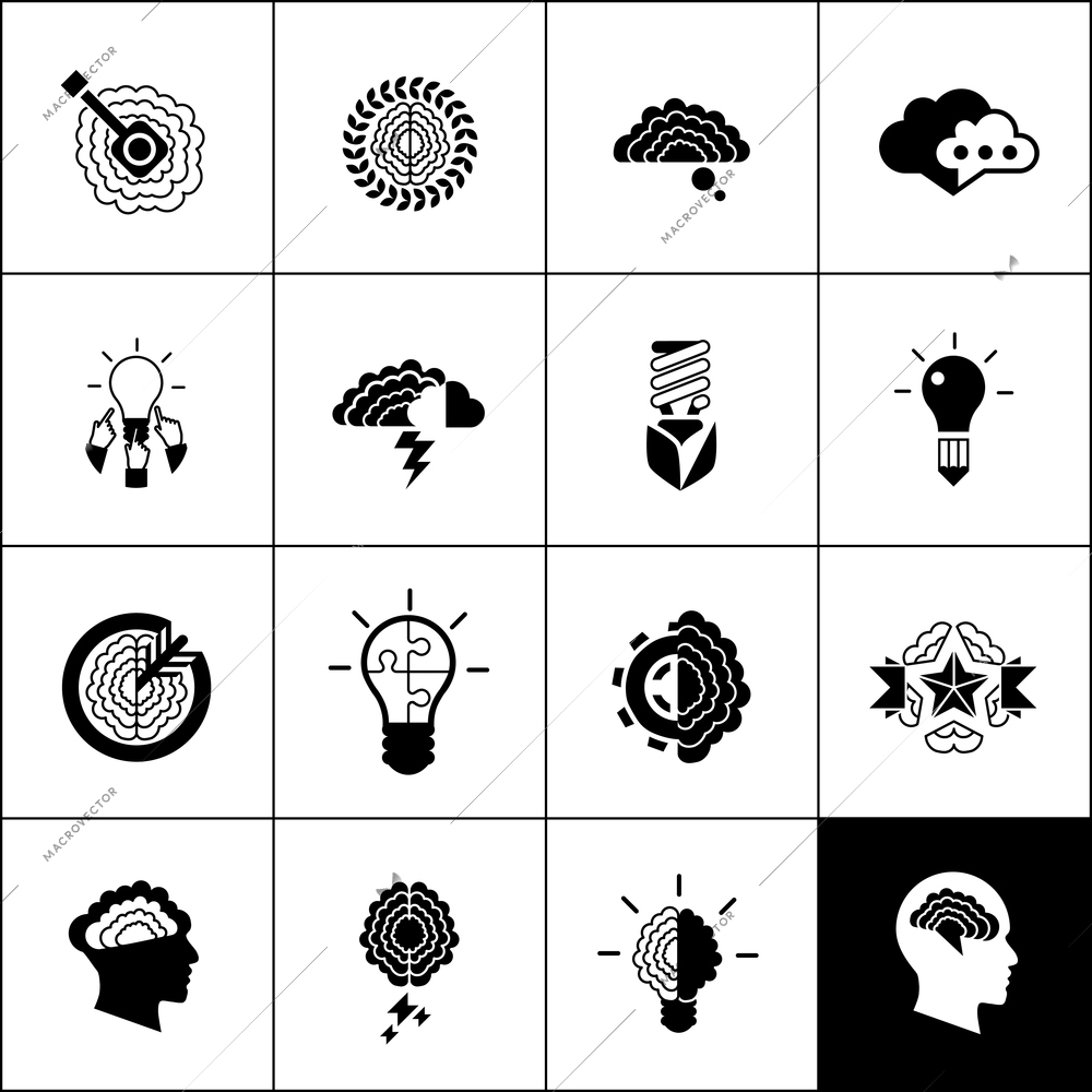 Brainstorm creativity planning and productivity icons black set isolated vector illustration