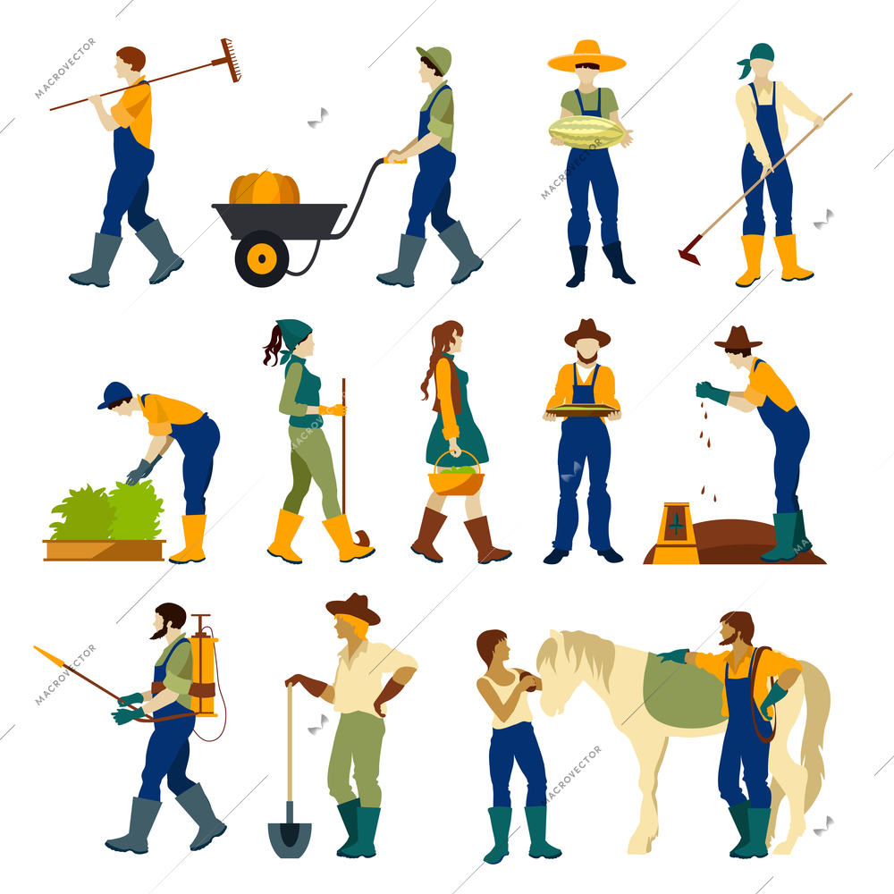 Farmers at work harvesting crops and vegetables with agricultural tools flat pictograms collection abstract isolated vector illustration