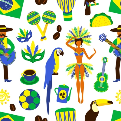 Brazil seamless pattern with football carnival coffee parrot samba guitar vector illustration