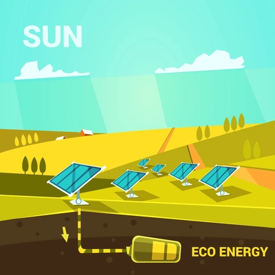 Ecologycal energy cartoon poster with solar power panels on a field retro style vector illustration