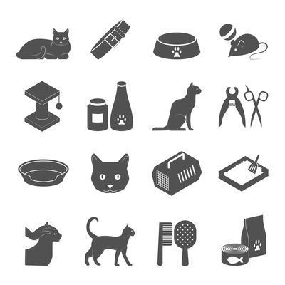 Raising healthy indoor cat black icons set with food and care products supply abstract isolated vector illustration