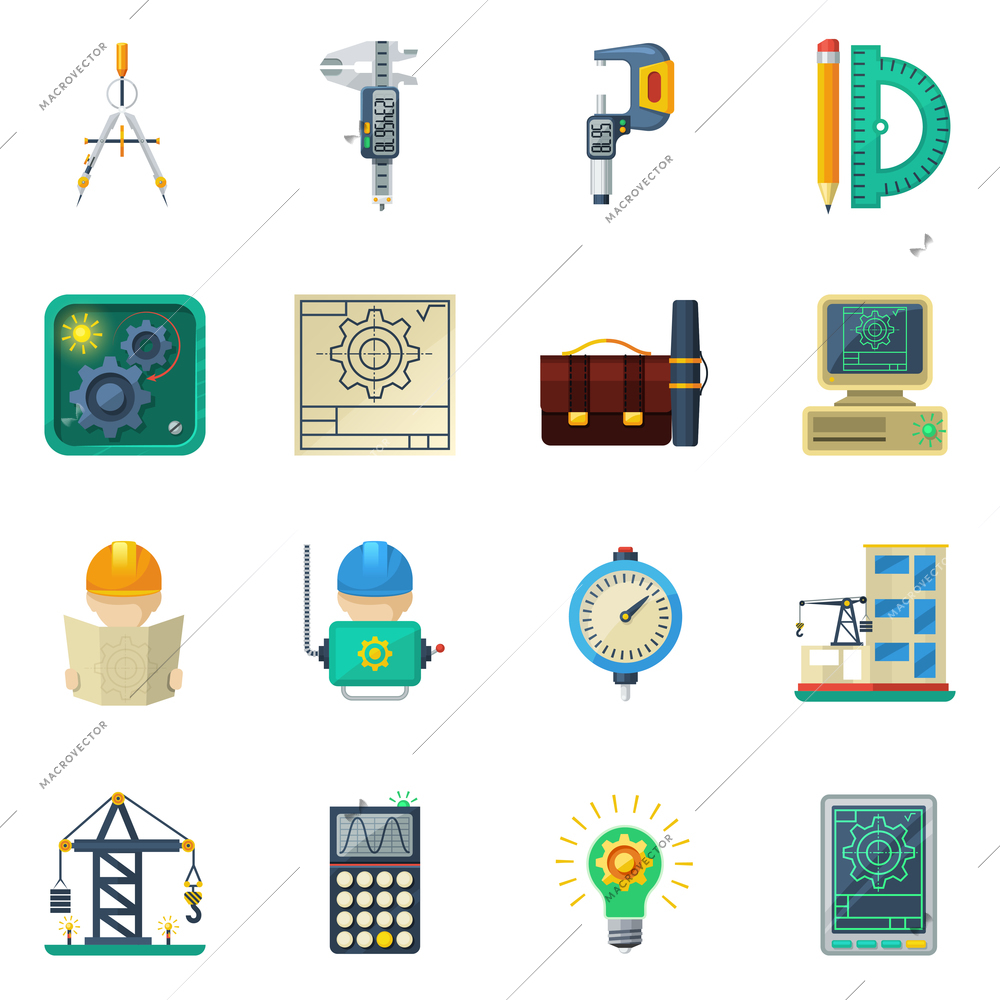 Civil engineer working tools and buildings construction crane machinery equipment flat icons set abstract vector isolated illustration
