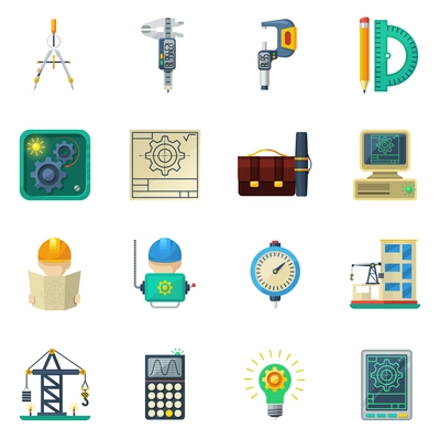 Civil engineer working tools and buildings construction crane machinery equipment flat icons set abstract vector isolated illustration