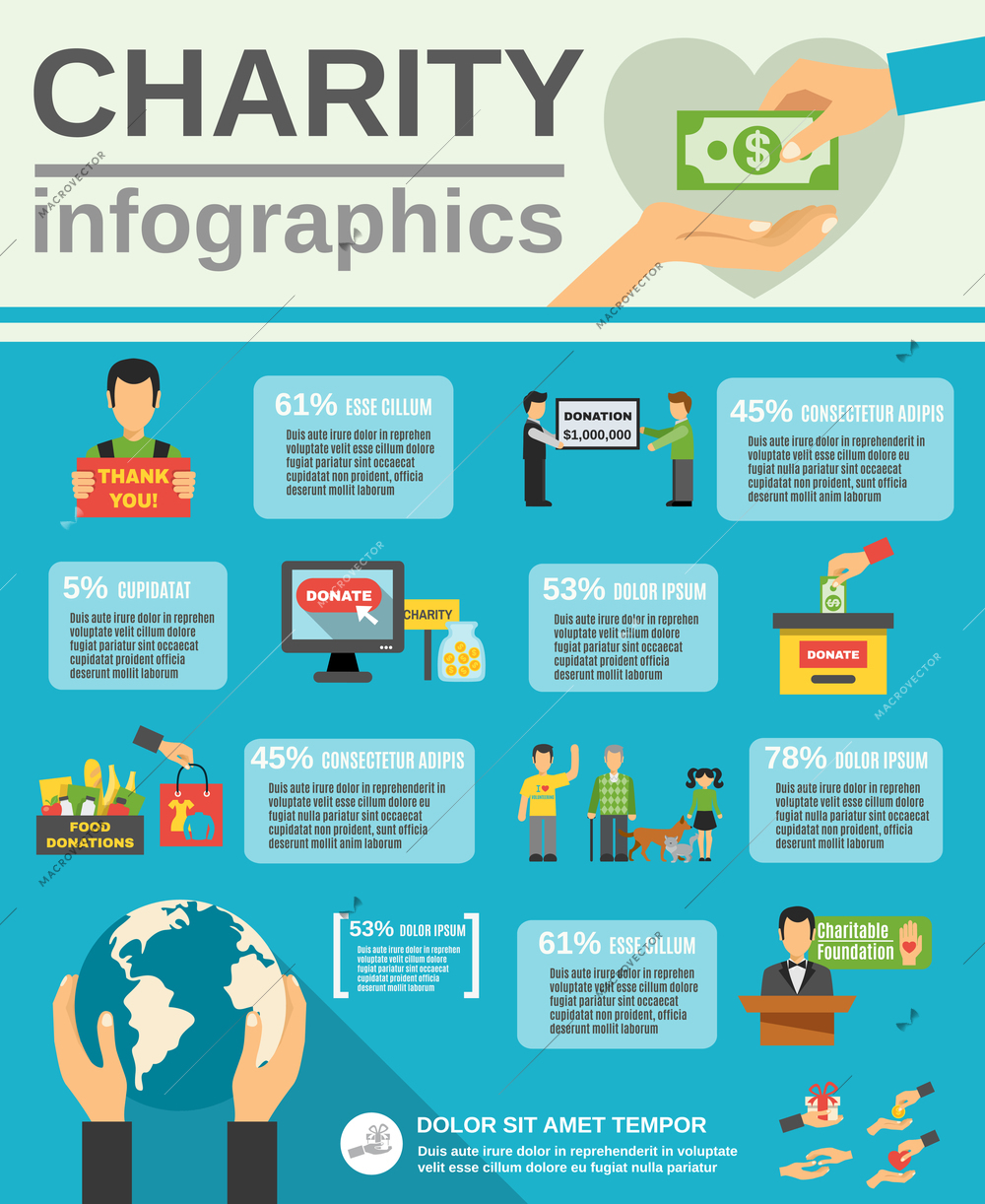 Charity infographic set with food donations and help symbols flat vector illustration