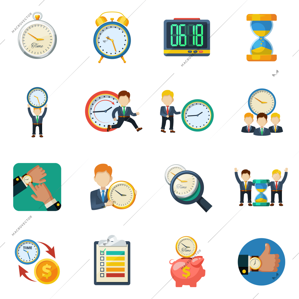 Successful time management money saving concept with different types clock flat icons collection abstract isolated vector illustration