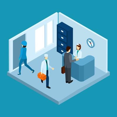 Hospital reception hall with personnel and patients isometric vector illustration