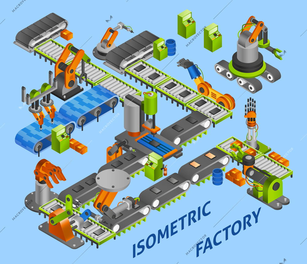 Industrial factory concept with isometric robots and machinery vector illustration